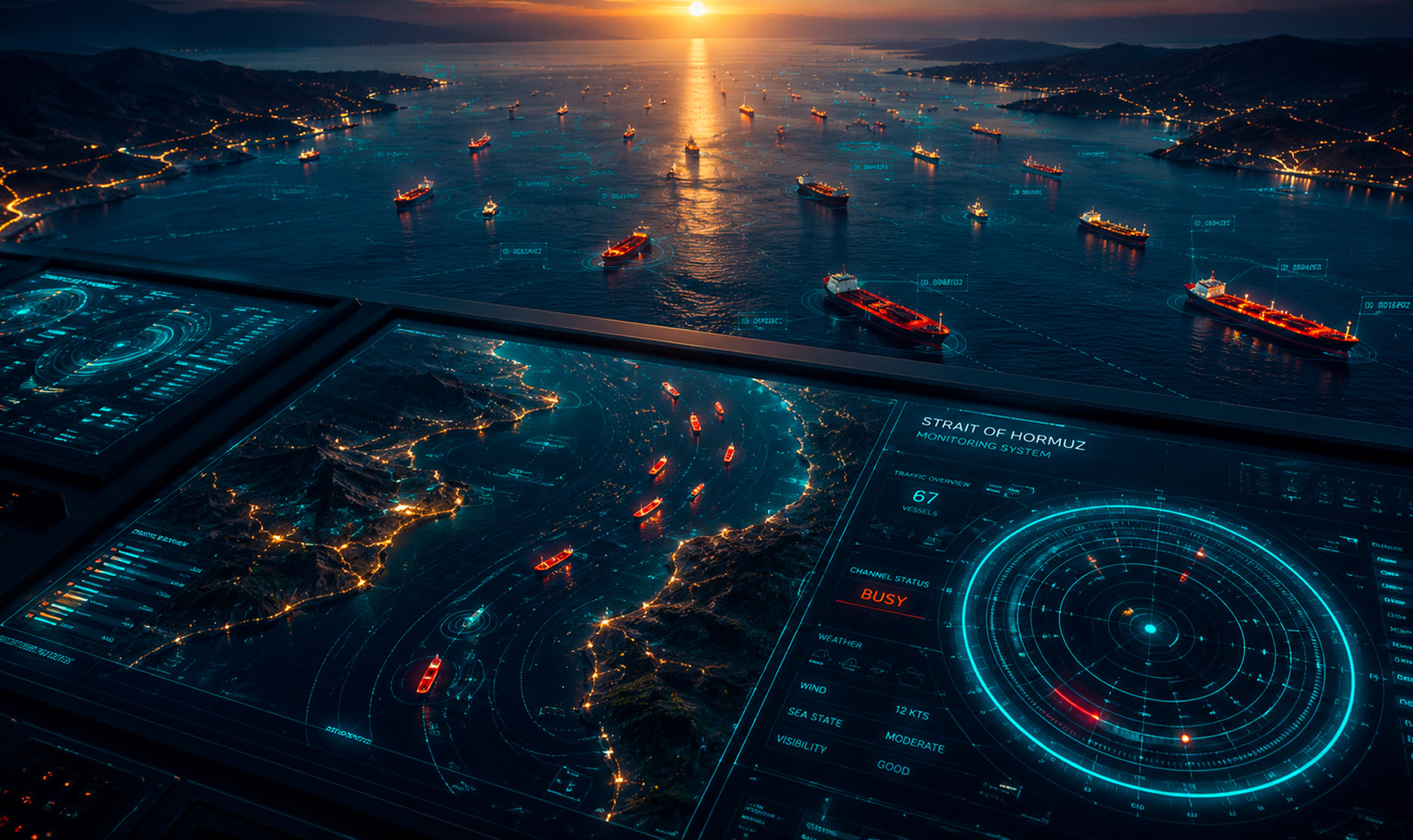 Supply chains monitored through a logistics control tower, tracking cargo vessels and maritime traffic in a critical trade corridor. Desktop version