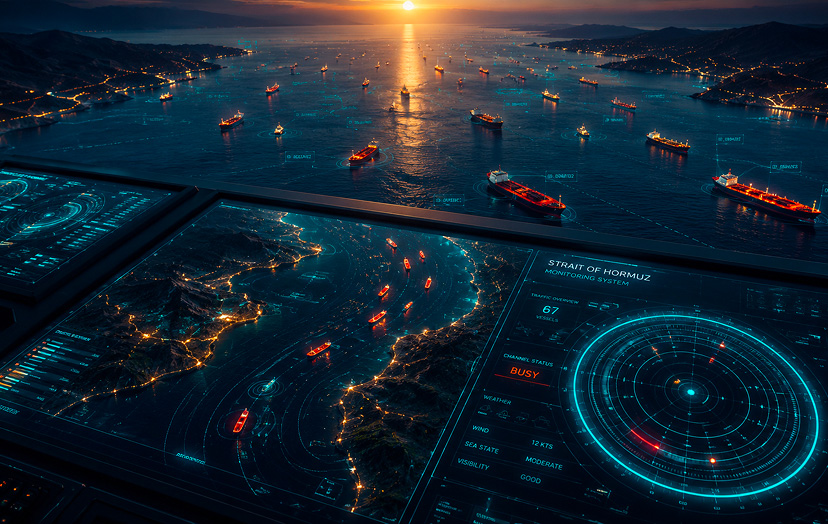 Supply chains monitored through a logistics control tower, tracking cargo vessels and maritime traffic in a critical trade corridor. Mobile version