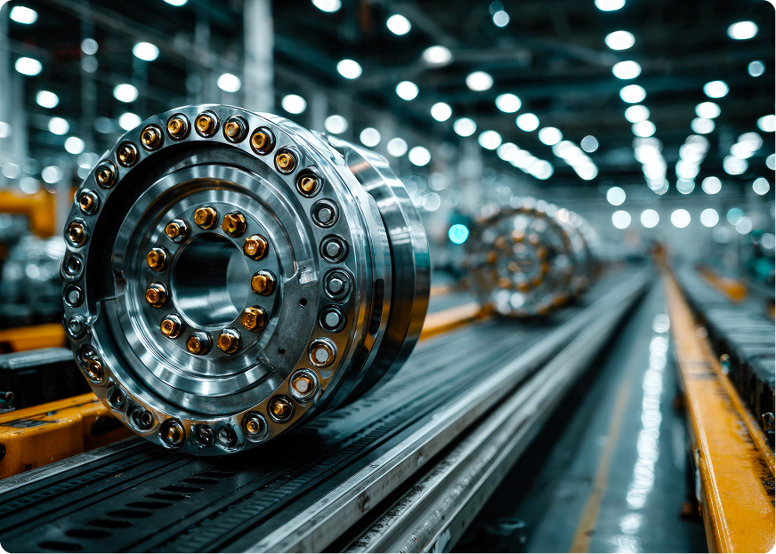  Industrial metal equipment on a production line in a factory.